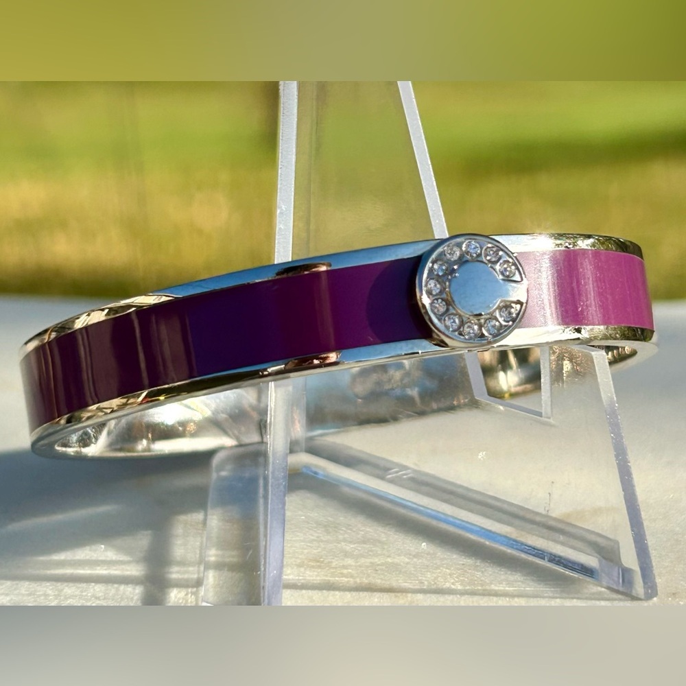 Coach Signature C Magenta Purple Silver Enameled Hinged Bangle Bracelet